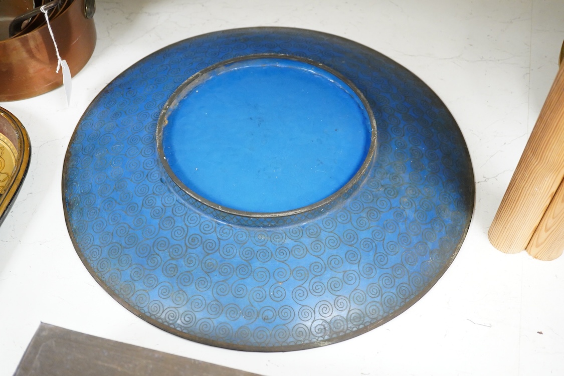 A Japanese cloisonné enamel charger, Meiji period, decorated with butterflies and flowers, 46cm diameter